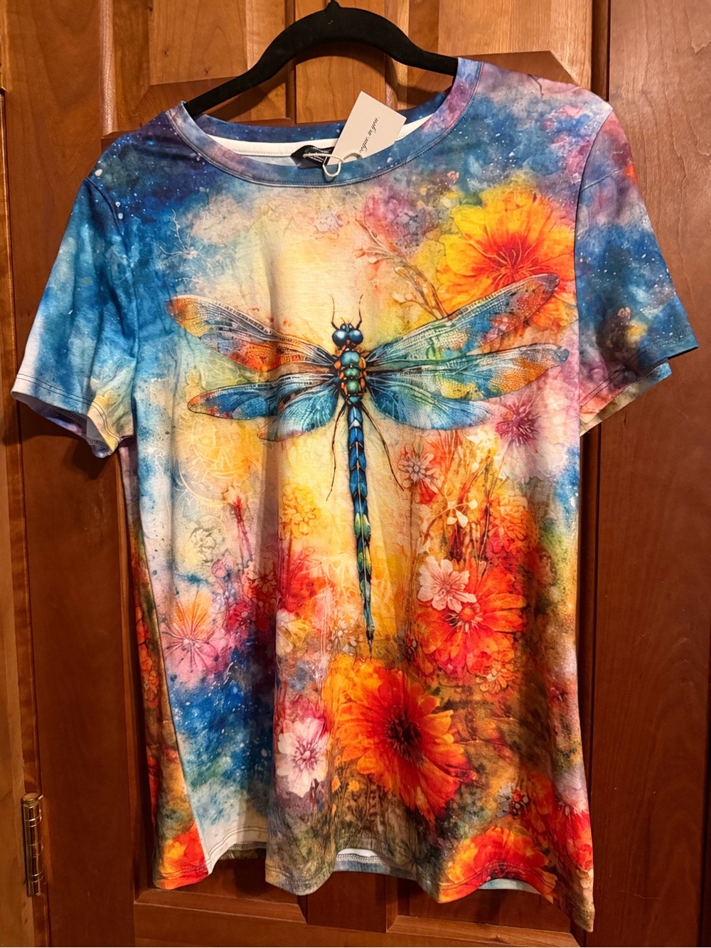 Blue Dragonfly Graphic Tee with Floral Print